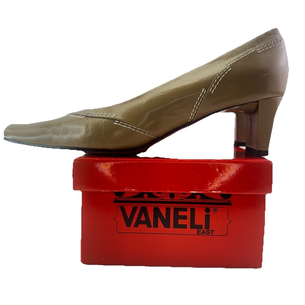 Van Eli Boru48 Camel Leather Pumps Womens 7M Top Stitch Kitten Heel Square Toe